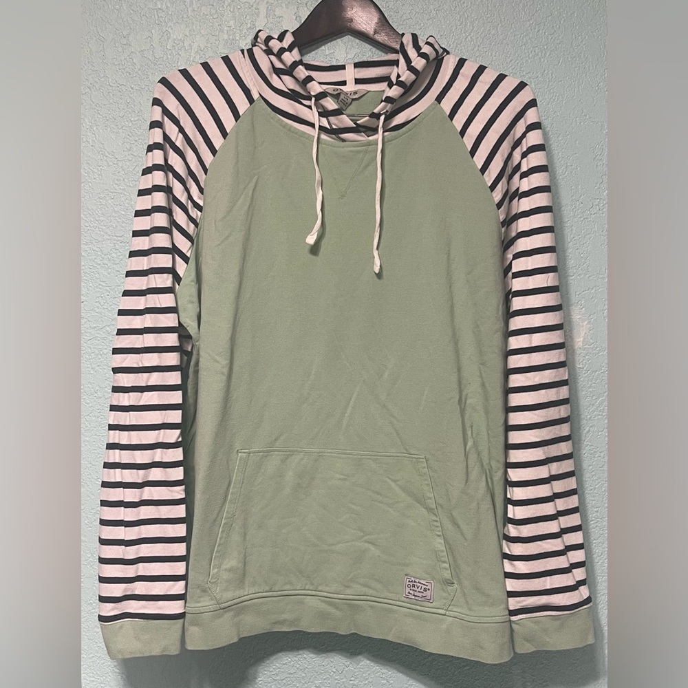 Orvis Women' Large Sweater Pull Over Mint Green Stripes Hood Jersey